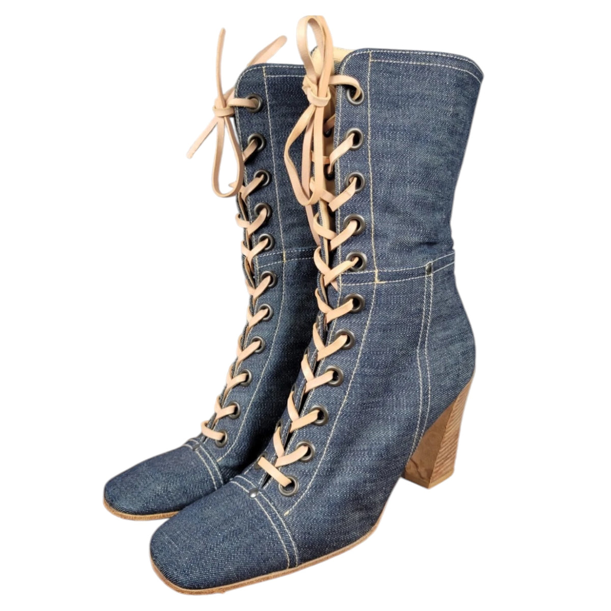 Vintage Miu Miu pink lace up denim boots / 37