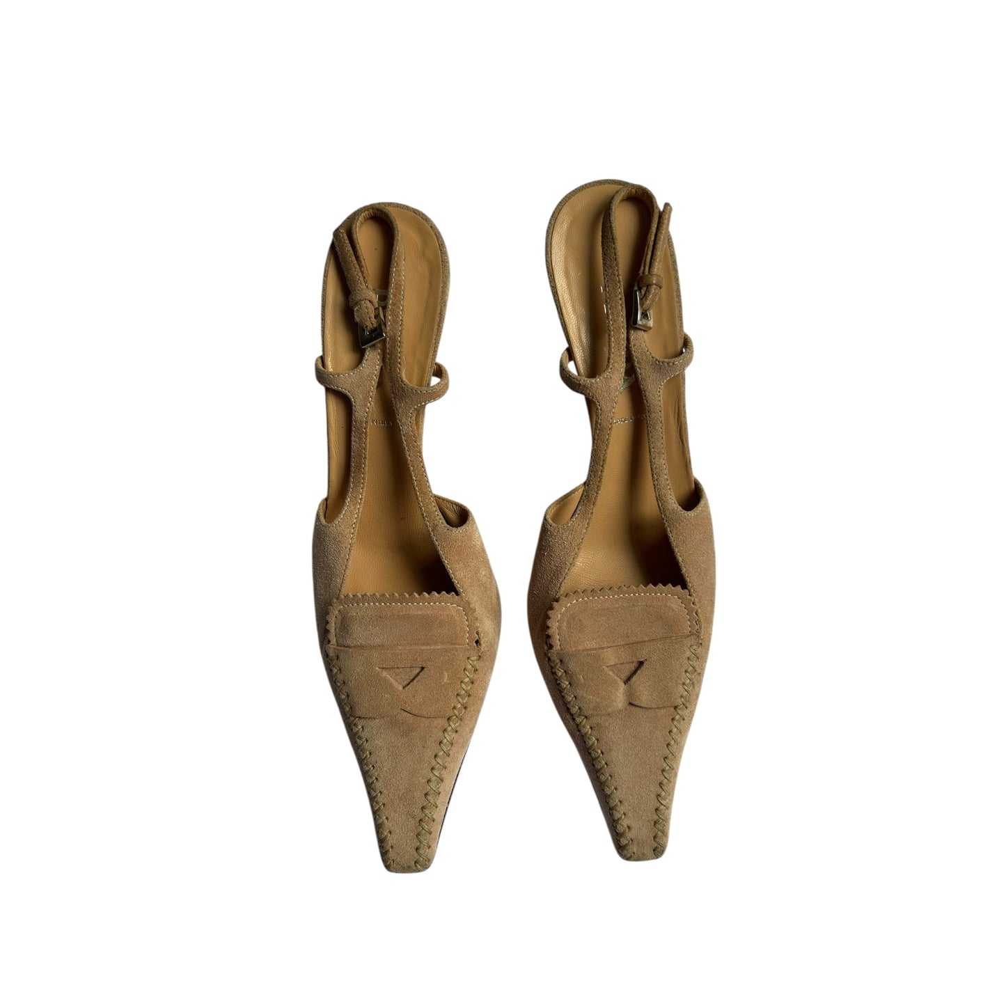 Vintage Prada nude powder suede slingback kitten heels / 37