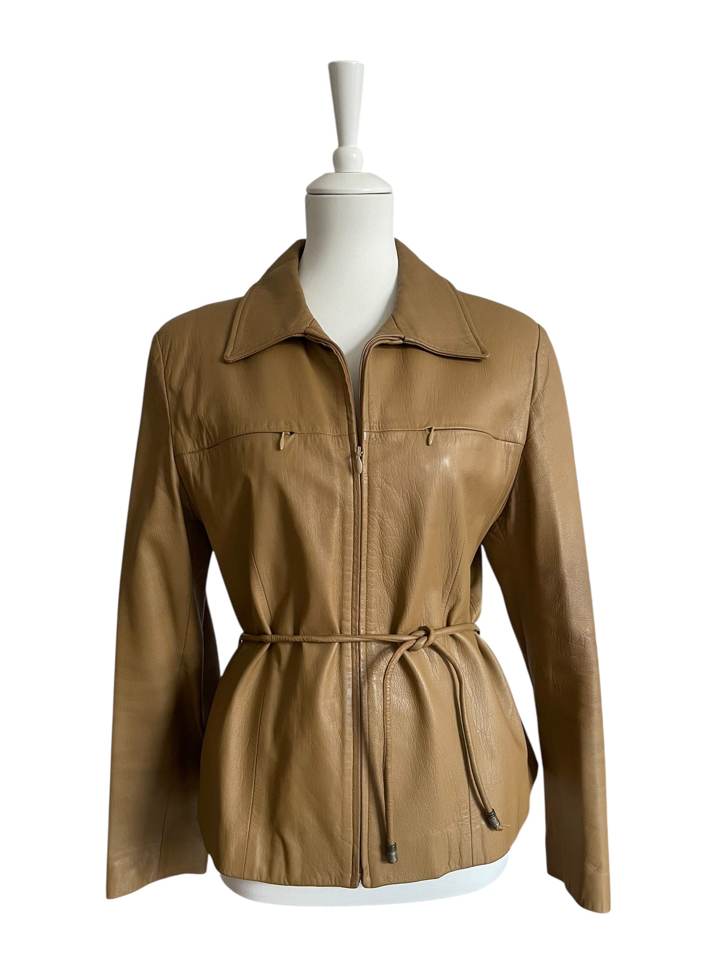 Vintage Camel Brown Genuine Leather Jacket with Belt – Women’s Fitted Zip Jacket