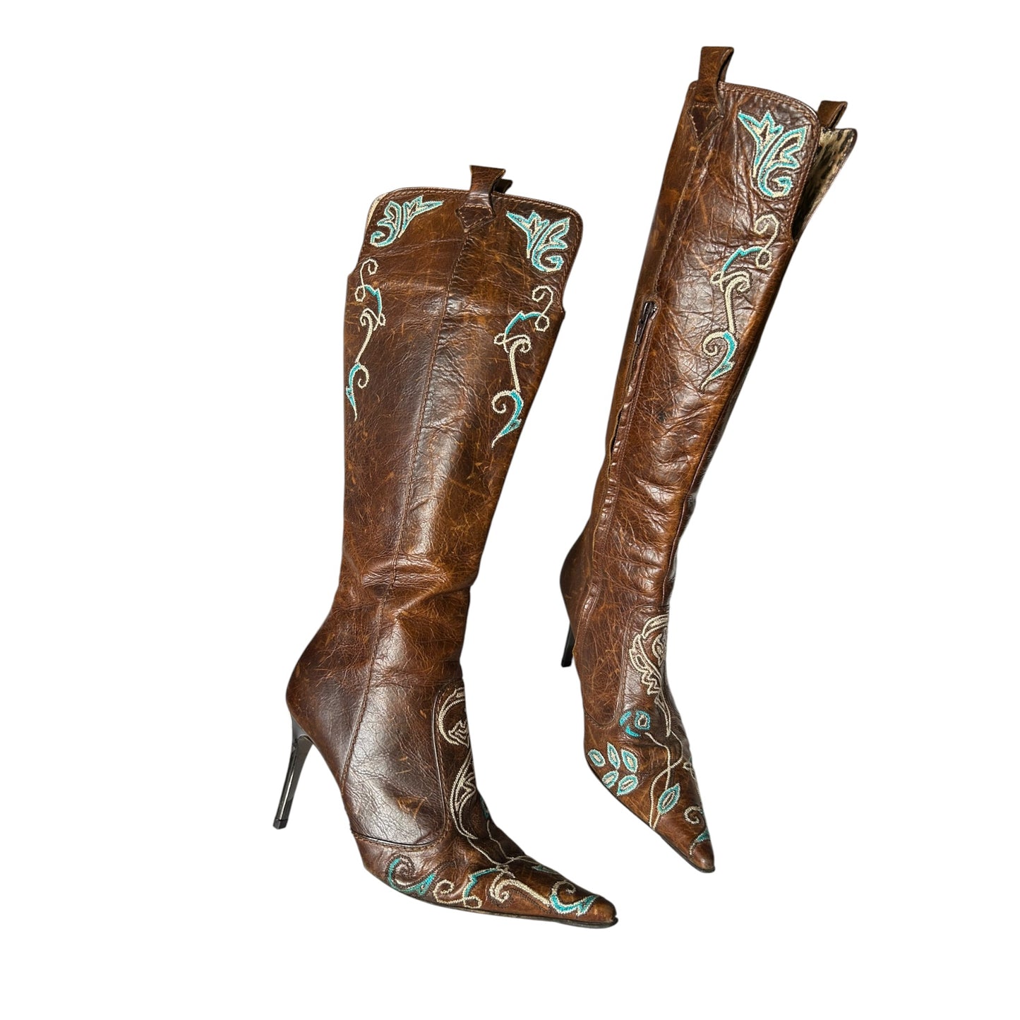 Vintage rare Cavalli cowboy floral embroidered brown leather knee boots / 37