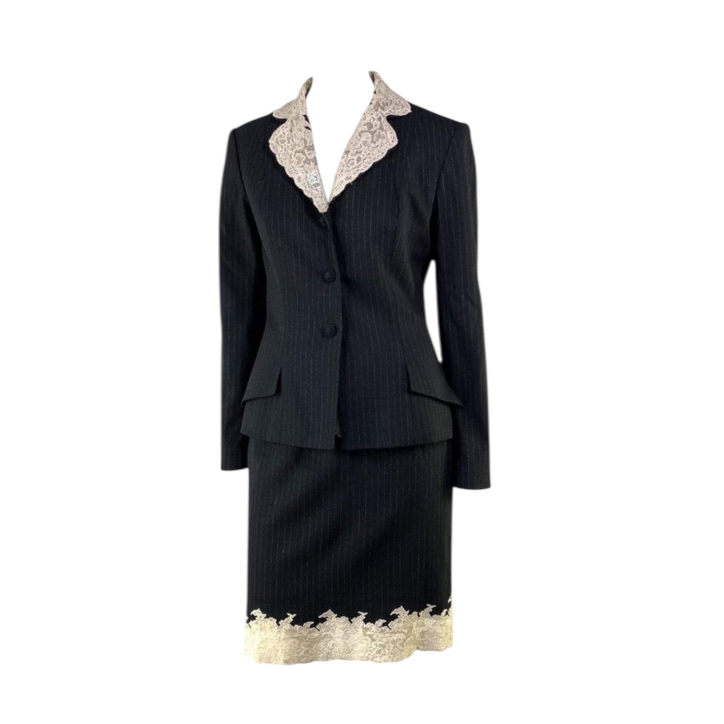 Vintage Christian Dior by John Galliano iconic 1998 Autumn/Winter Haute Couture pinstripe black skirt suit with lace