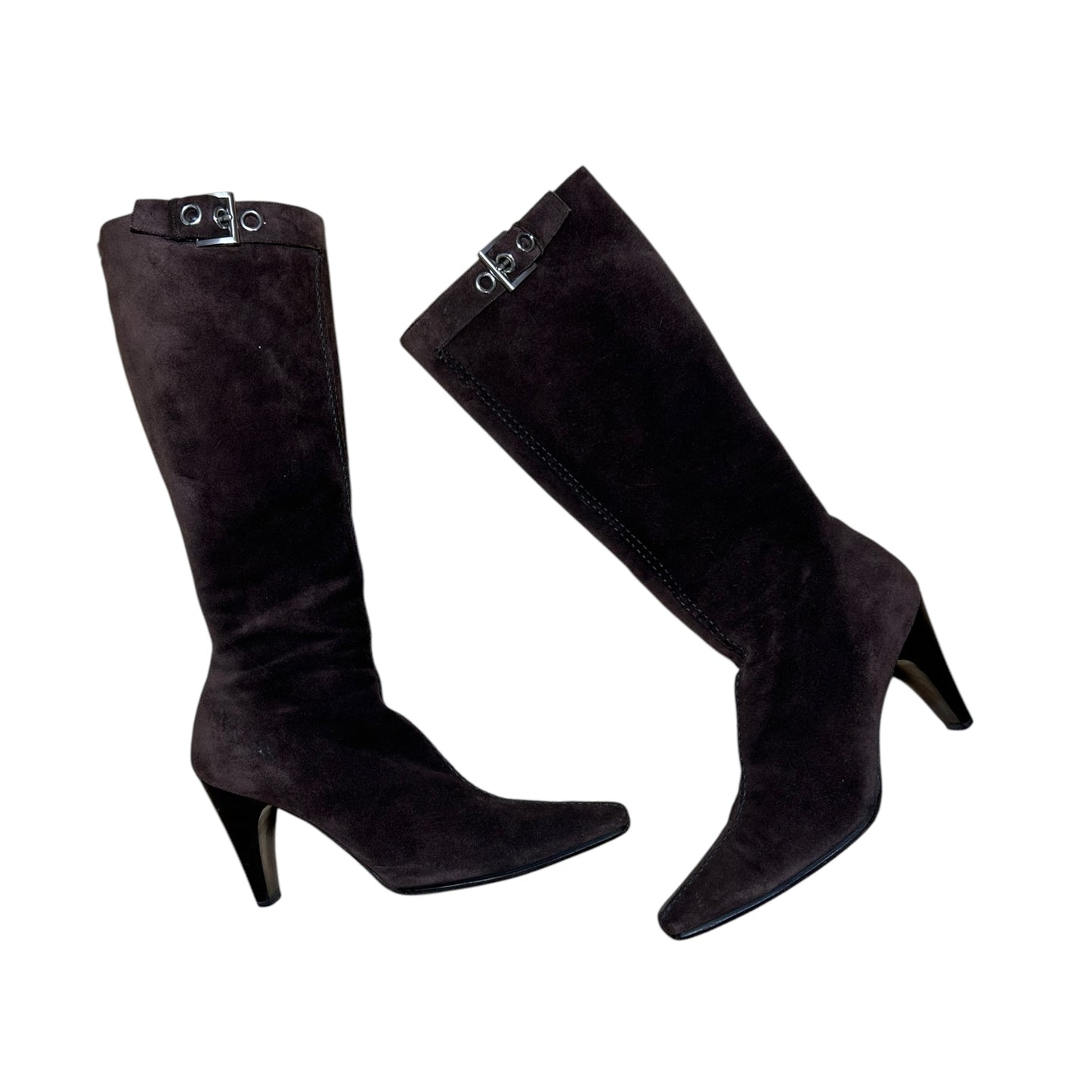 Vintage Prada 90 brown suede buckle knee high boots / 38.5