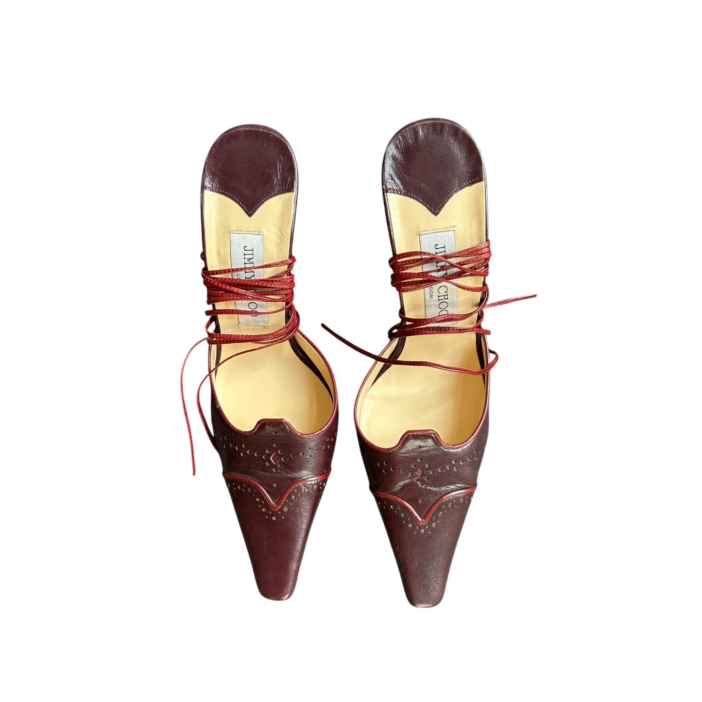 Vintage Jimmy Choo burgundy leather wrap around heels / 37.5