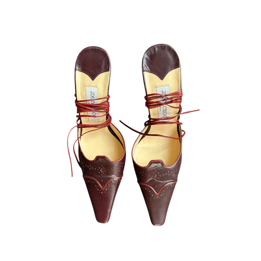 Vintage Jimmy Choo burgundy leather wrap around heels / 37.5
