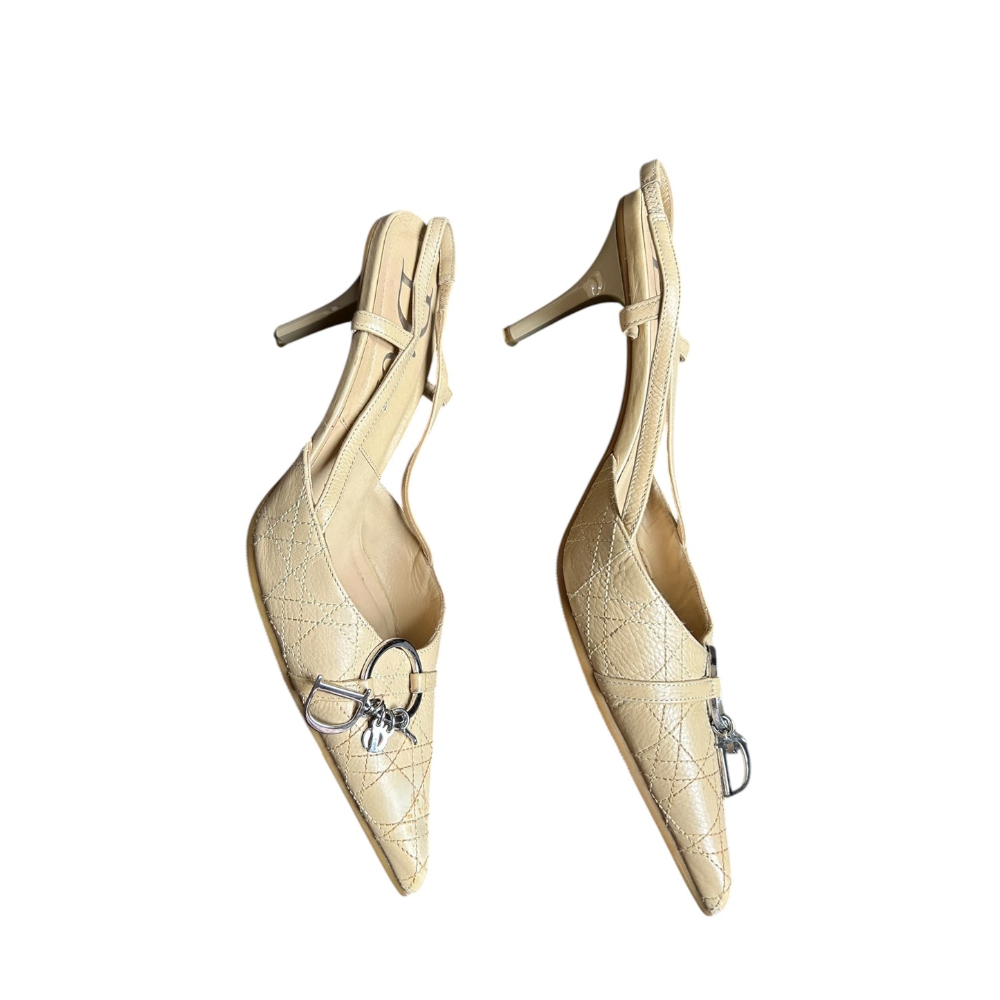 Vintage rare Dior metal spell out logo nude slingback heels /37
