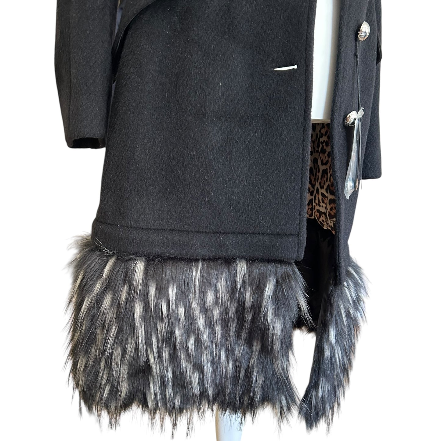 Roberto Cavalli wool black fur trim coat NWT