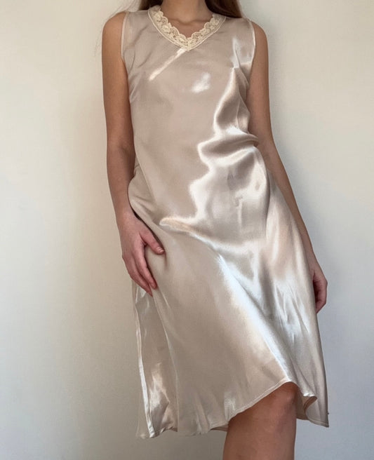 Vintage pure silk midi lace slip dress / XL