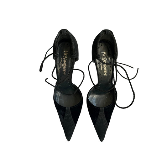 Vintage Yves Saint Laurent black velvet wrap around heels/ 36
