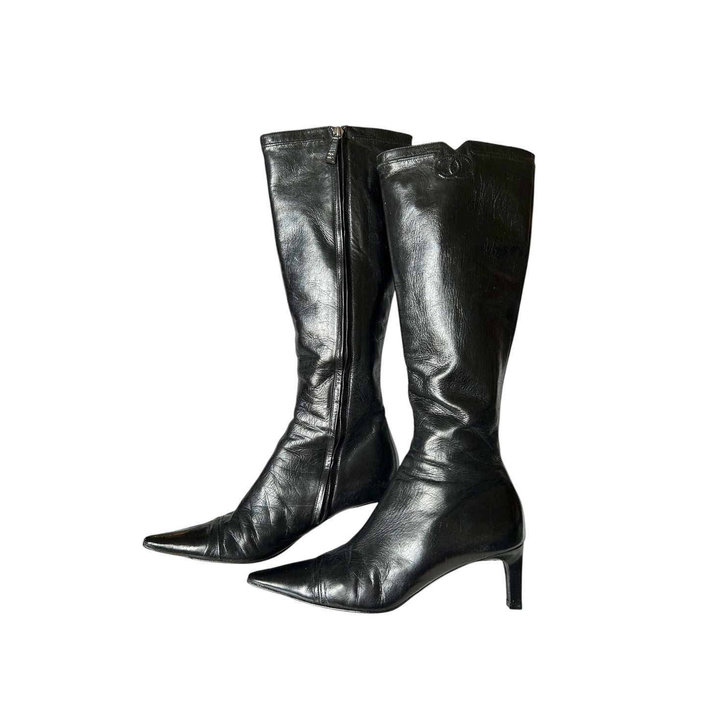 Vintage Chanel black leather CC logo knee boots / 40