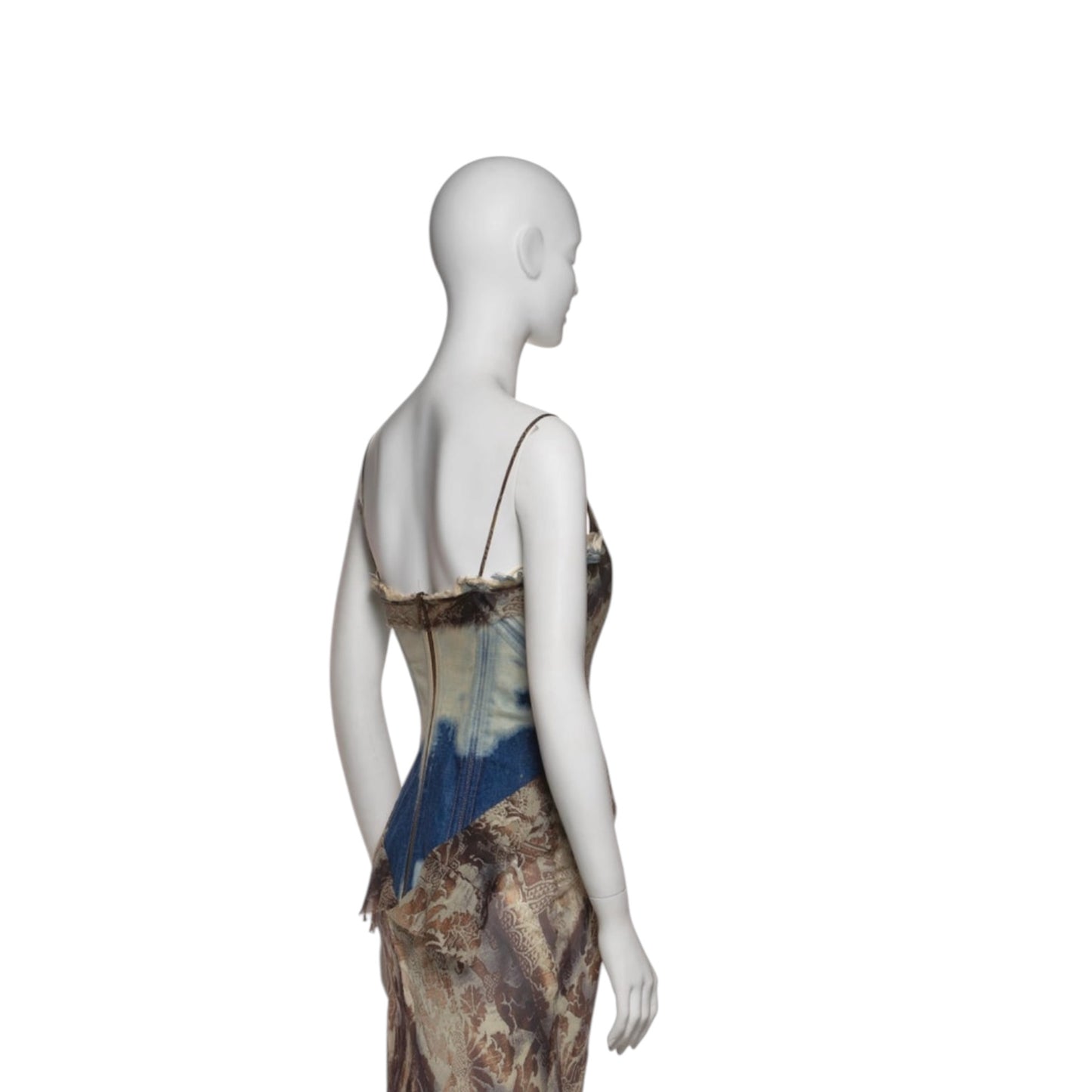 Roberto Cavalli Runway SS2001 Floral Silk Dress with Built-In Bleached Denim Corset