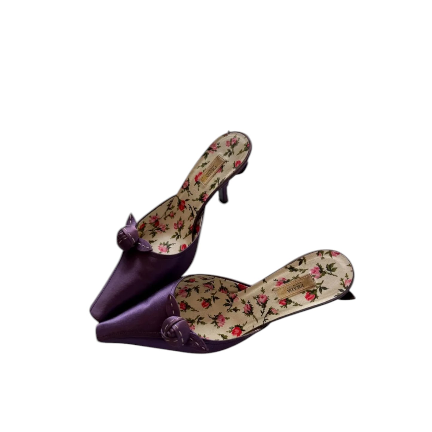 Vintage Prada 2000s Purple Satin Rose Print Mule Heels / 36