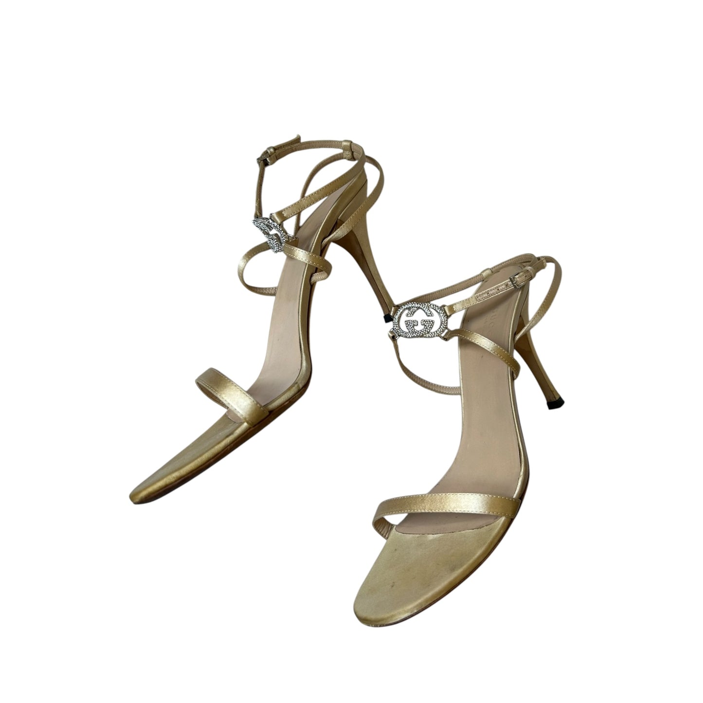 Vintage Gucci cream satin GG crystal logo sandal heels / 38.5
