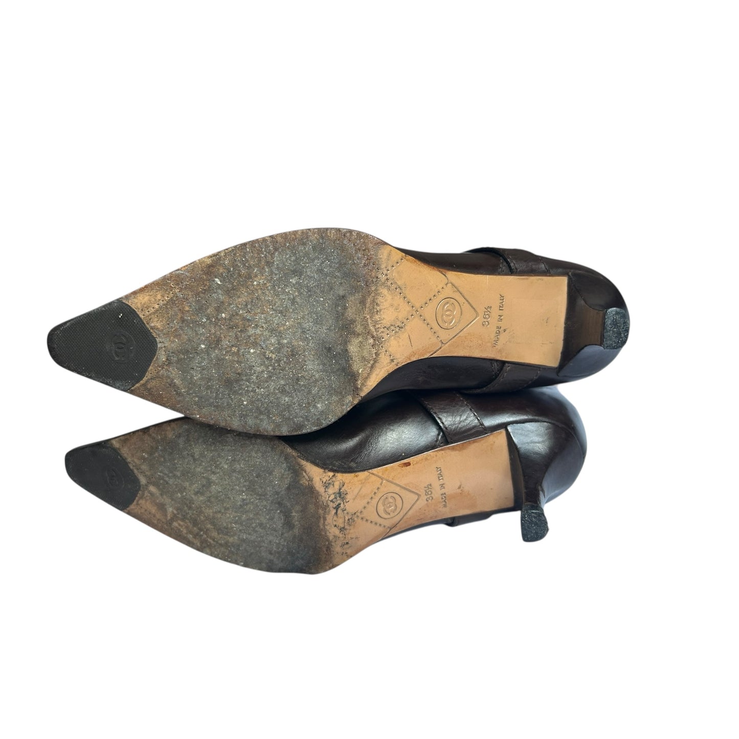 Vintage rare Chanel CC interlocking logo knee high brown leather pointy toe boots / 36.5