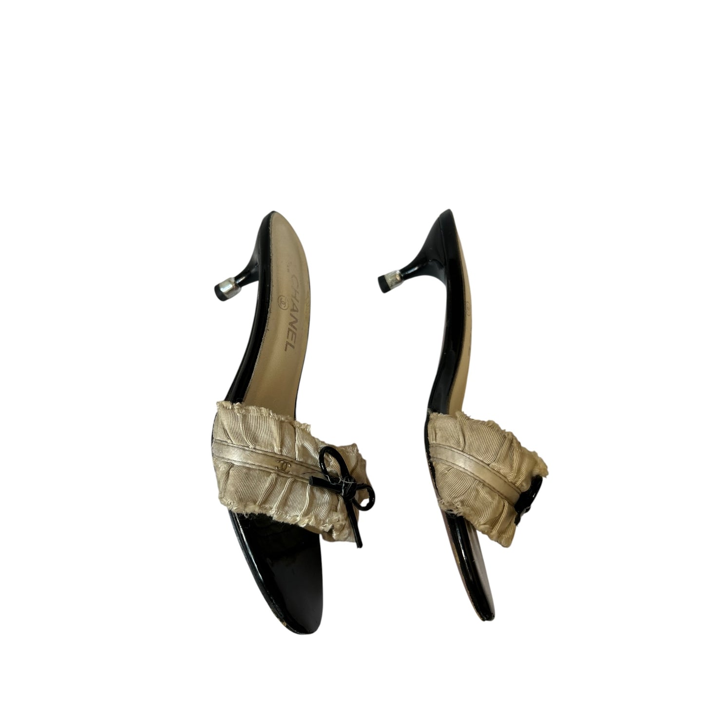 Vintage iconic Chanel by Karl Lagerfeld ruffle CC logo mule heels / 36