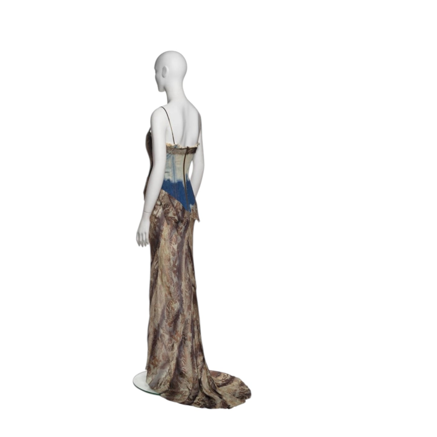Roberto Cavalli Runway SS2001 Floral Silk Dress with Built-In Bleached Denim Corset