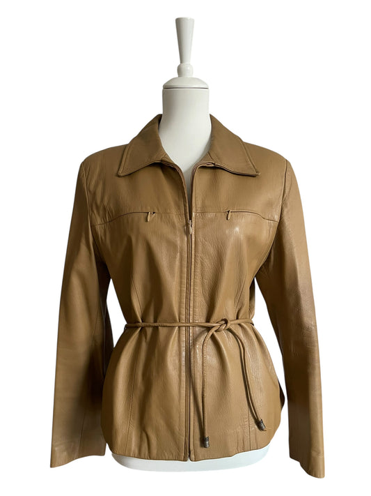 Vintage Camel Brown Genuine Leather Jacket with Belt – Women’s Fitted Zip Jacket