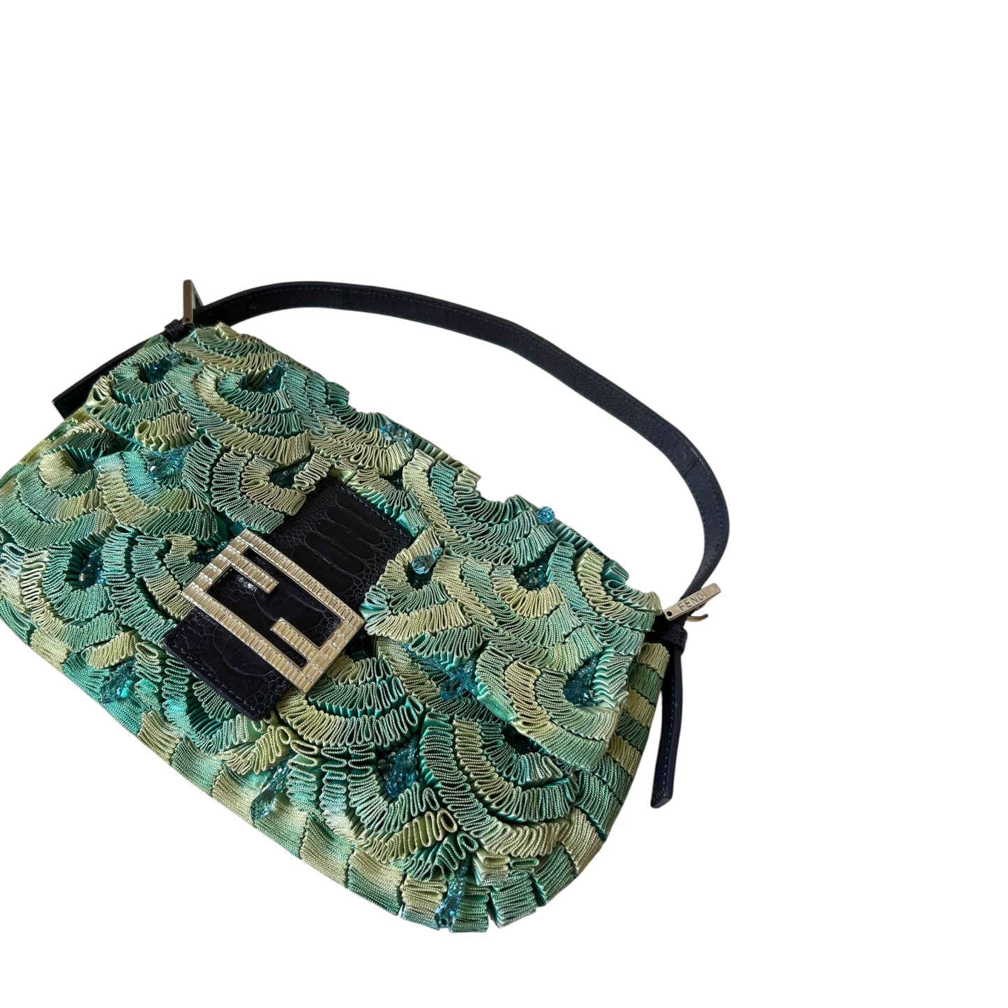 Vintage Fendi Lizard & Ostrich Leg-Trimmed Embellished Baguette 1997