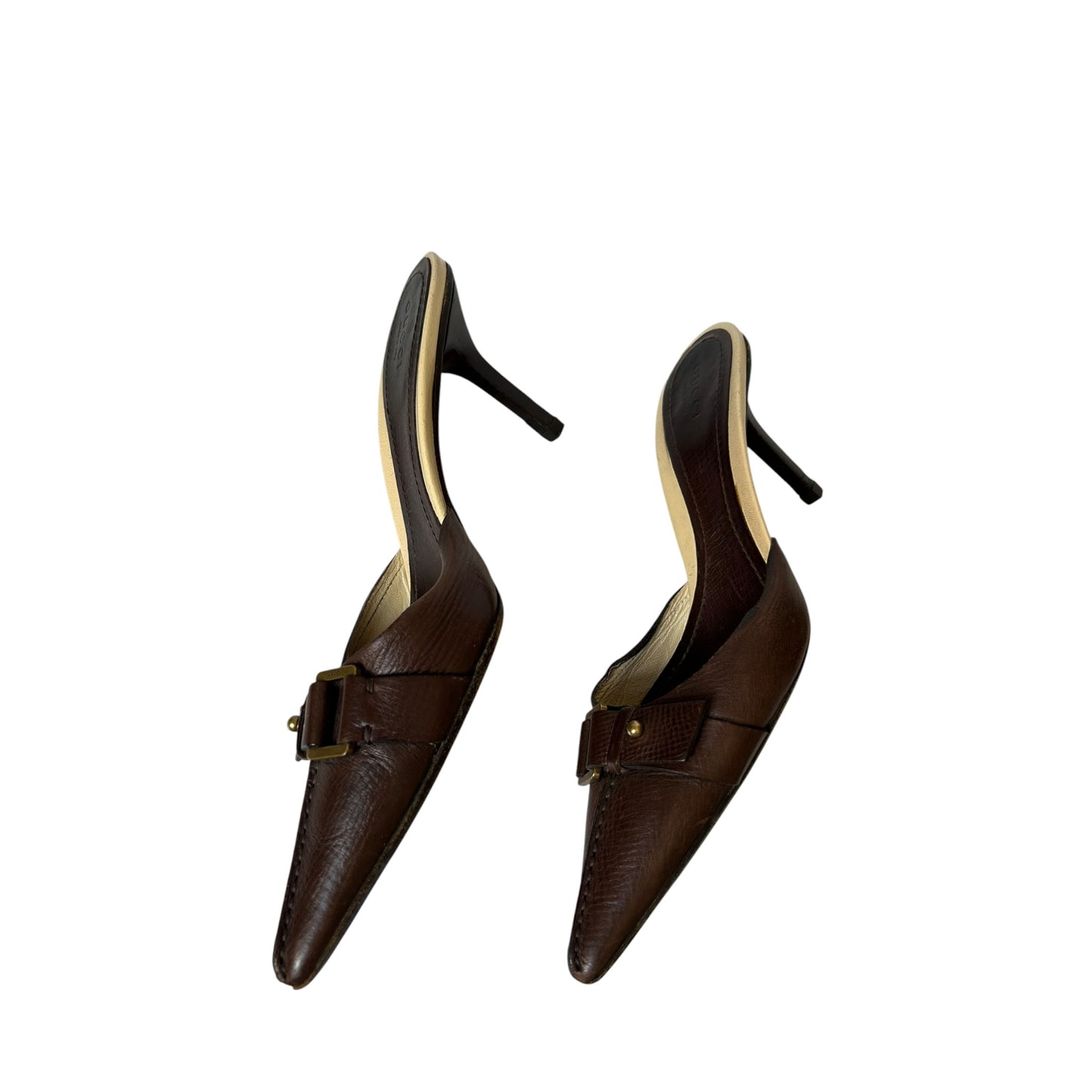 Vintage Gucci brown leather buckle mule heels / 37.5