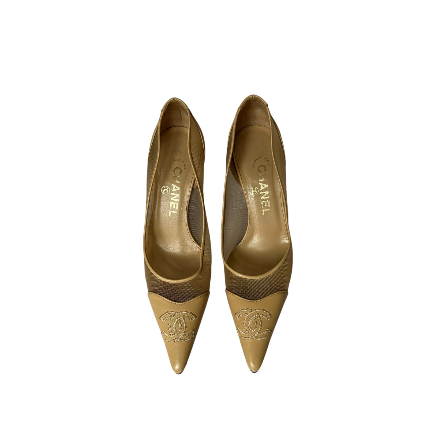 Vintage Chanel CC logo beige mesh heels by Karl Lagerfeld / 37