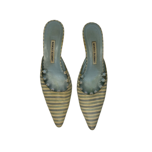 Vintage rare Manolo Blahnik canvas baby blue studded mules/ 42