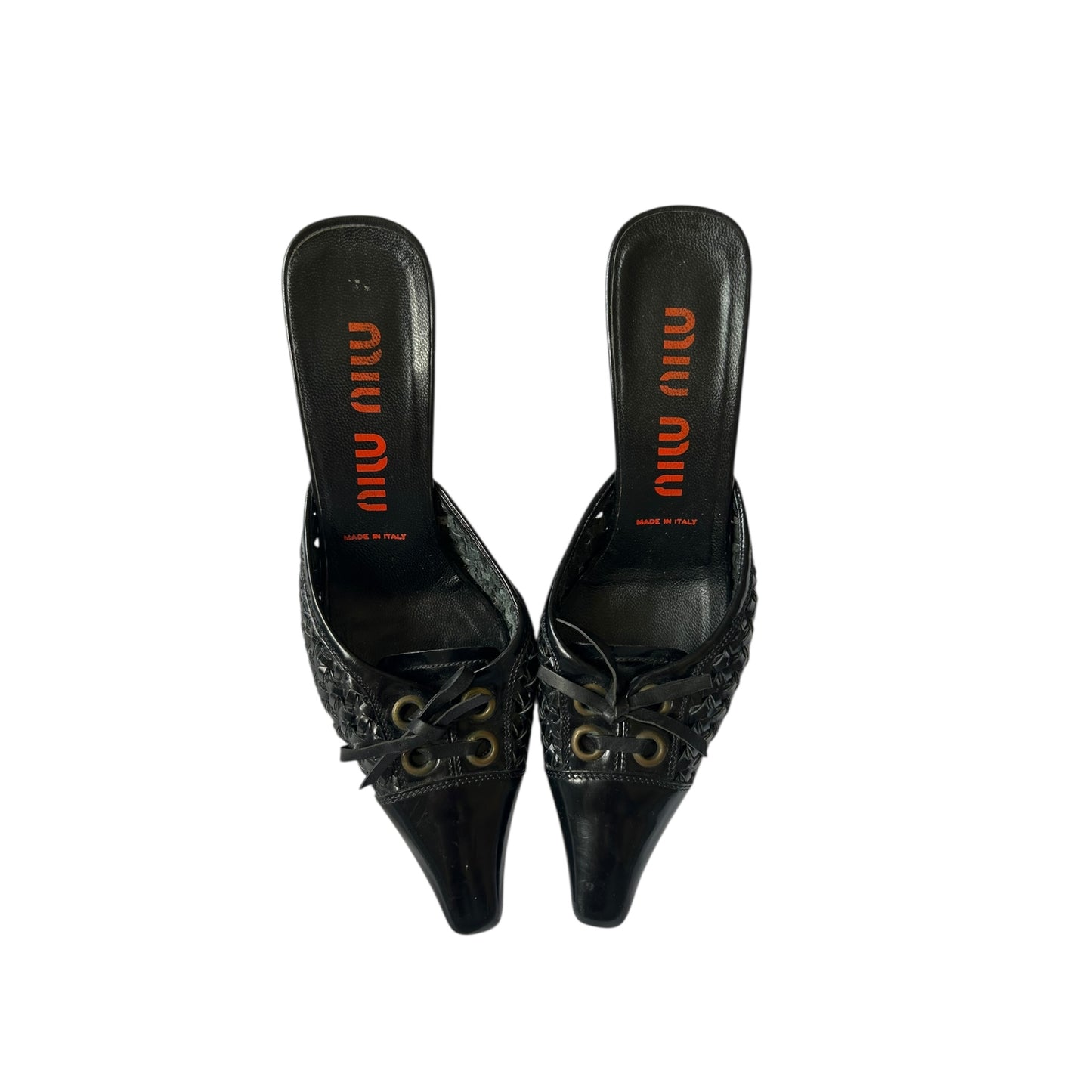 Vintage Miu Miu bow tie black leather mule heels / 36