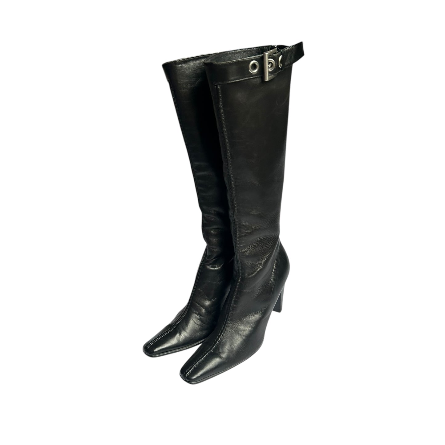 Vintage Prada buckle black leather knee high boots / 36.5