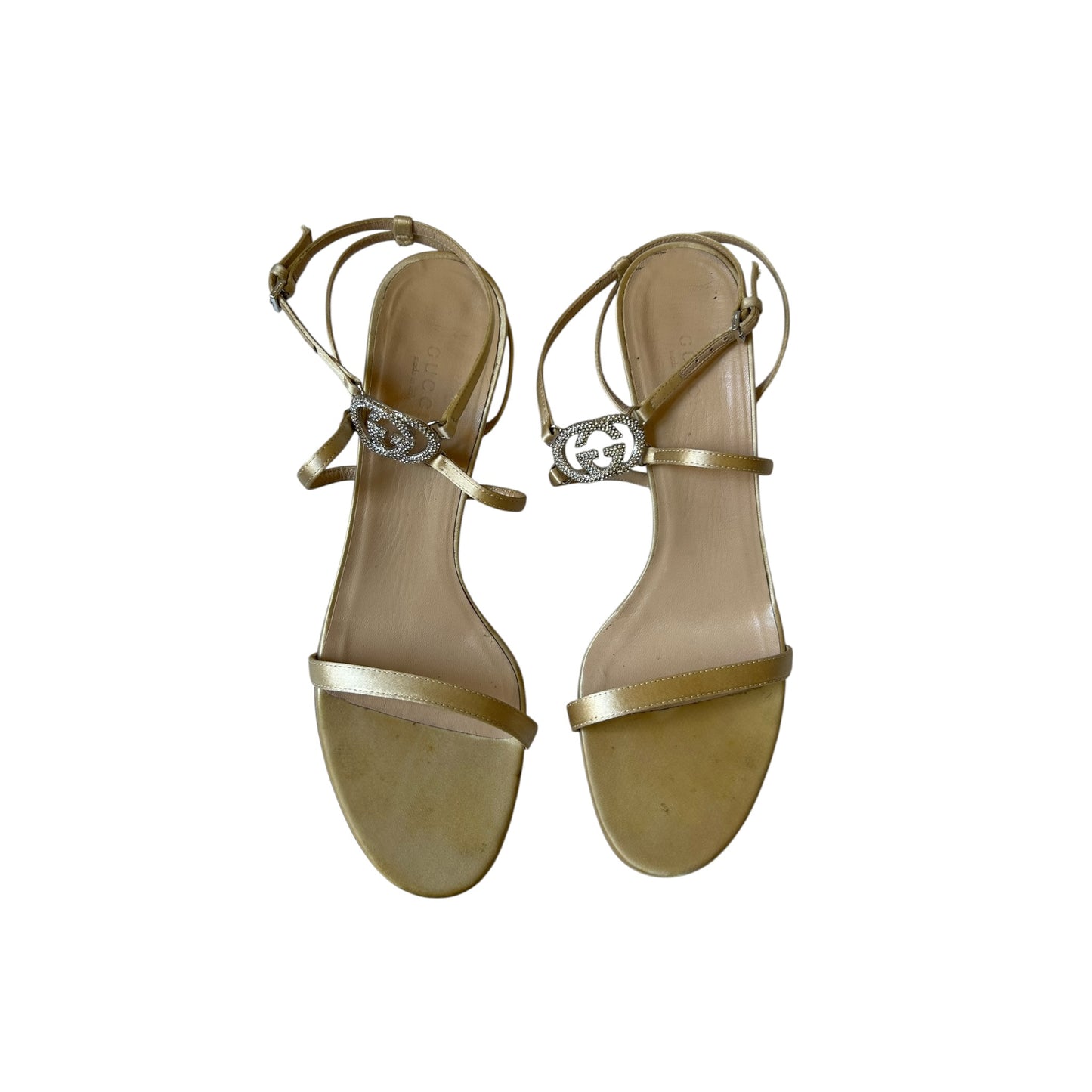 Vintage Gucci cream satin GG crystal logo sandal heels / 38.5