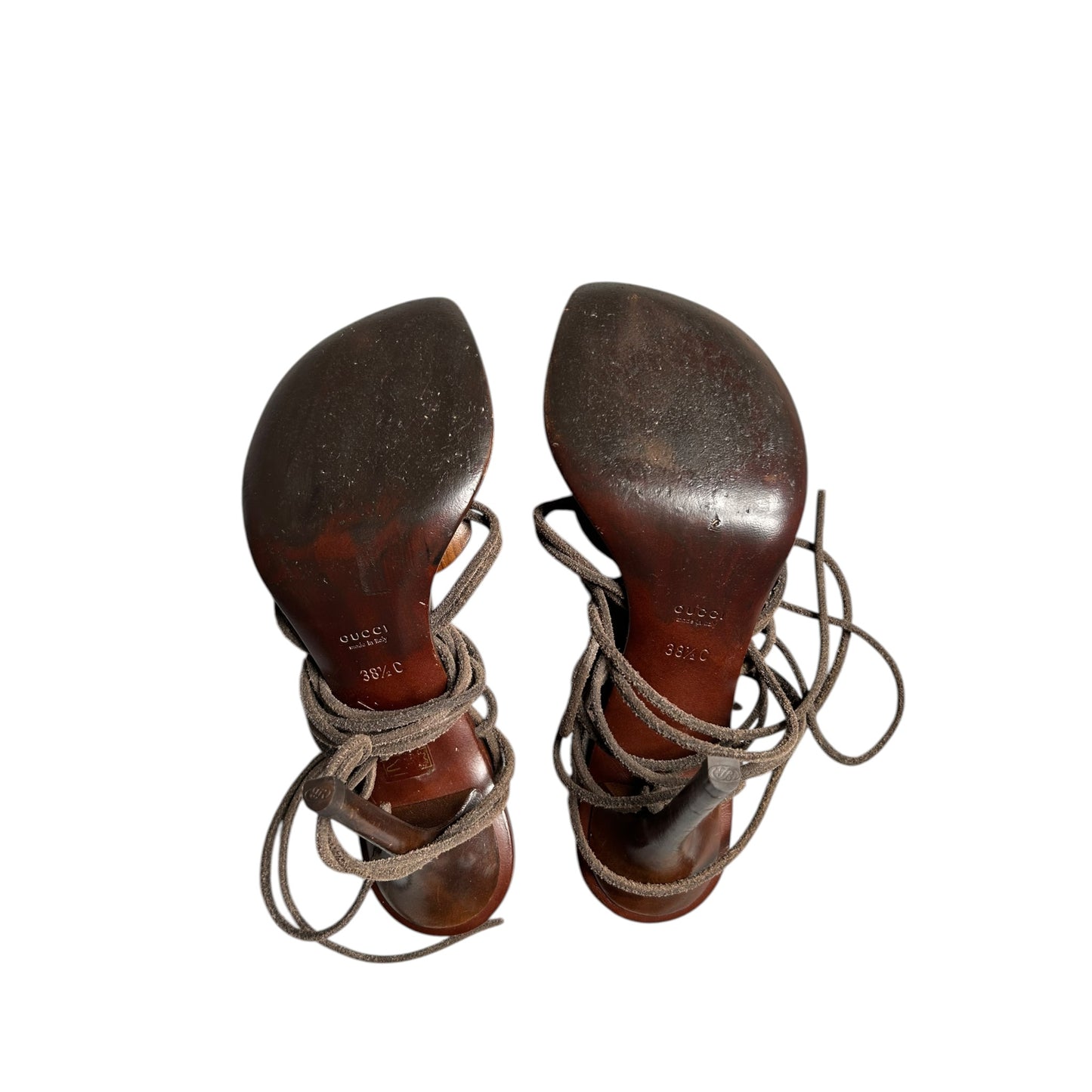 Vintage Gucci rare sandals wood-toned circular accent wrap around heels / 38.5