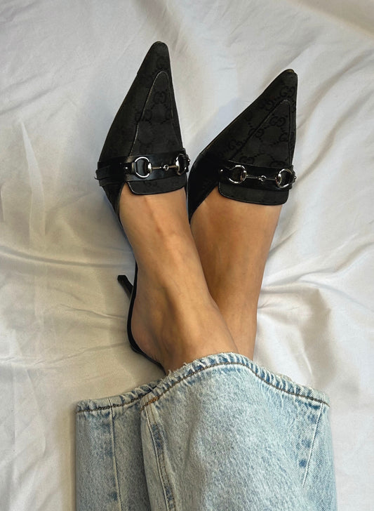 Vintage Gucci by Tom Ford monogram black cloth horse-bit mule heels / 41.5