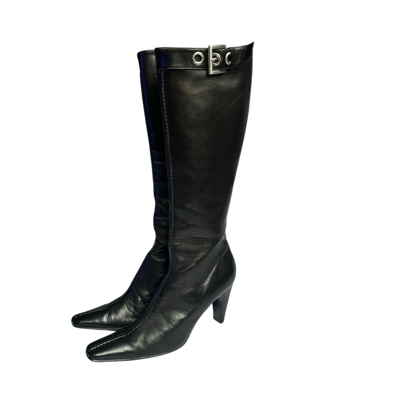 Vintage Prada buckle black leather knee high boots / 36.5