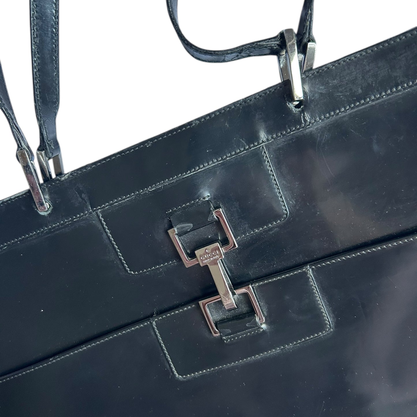 Vintage Gucci Jackie by Tom Ford horse-bit black leather patent tote bag