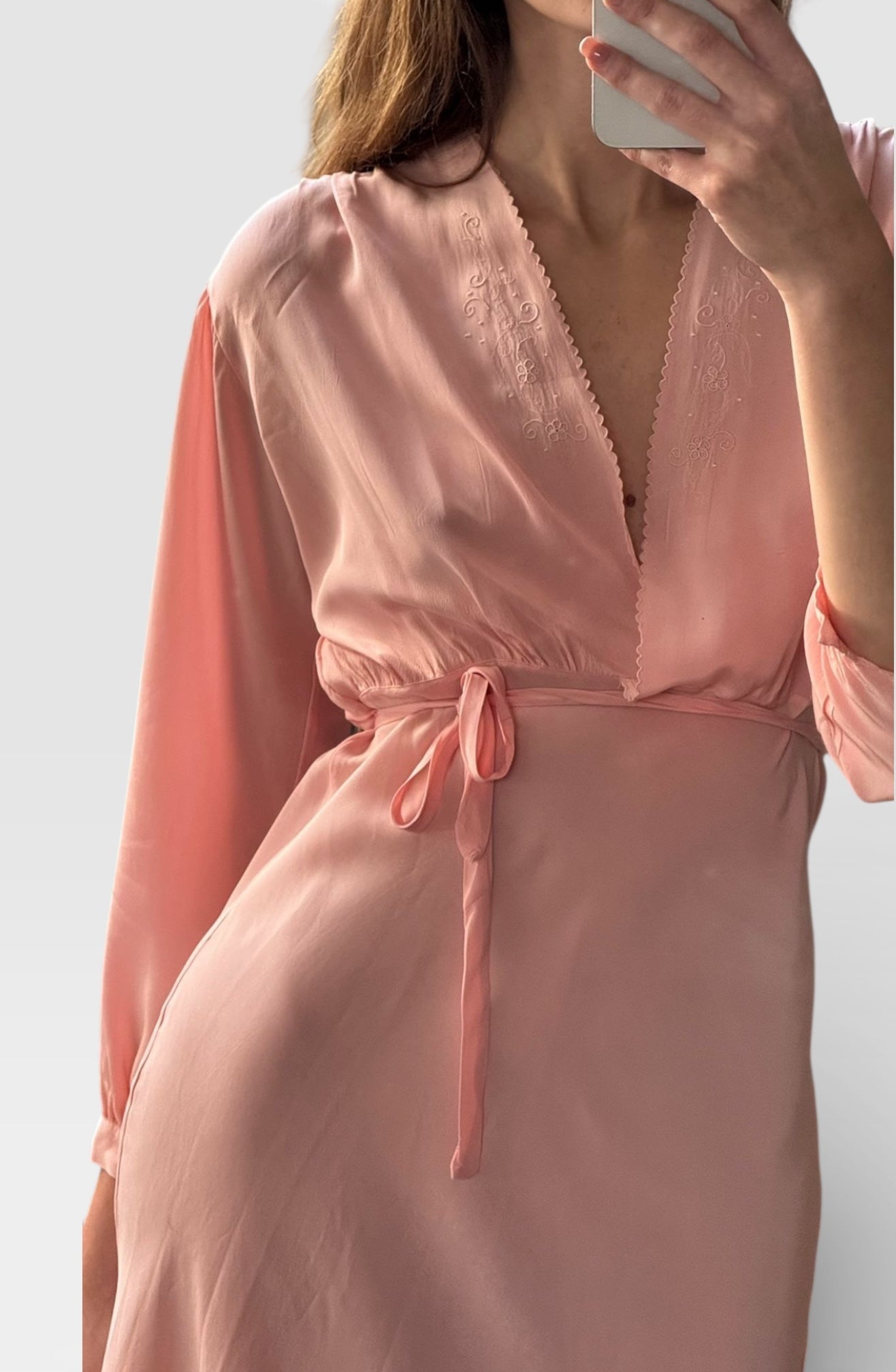 Vintage pink embroidered blush maxi silk slip dress / S