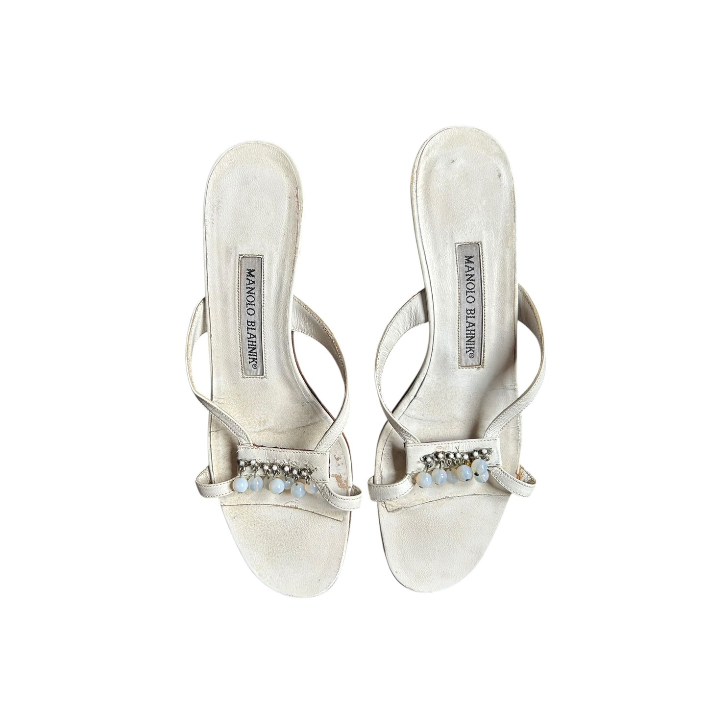 Vintage Manolo Blahnik white leather beaded slips mules / 37