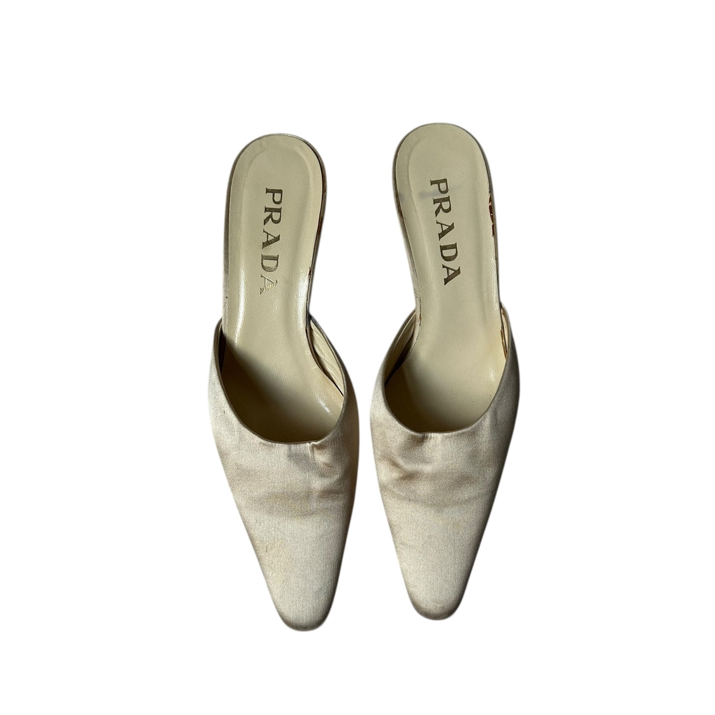 Vintage Prada ivory satin mule heels / 37