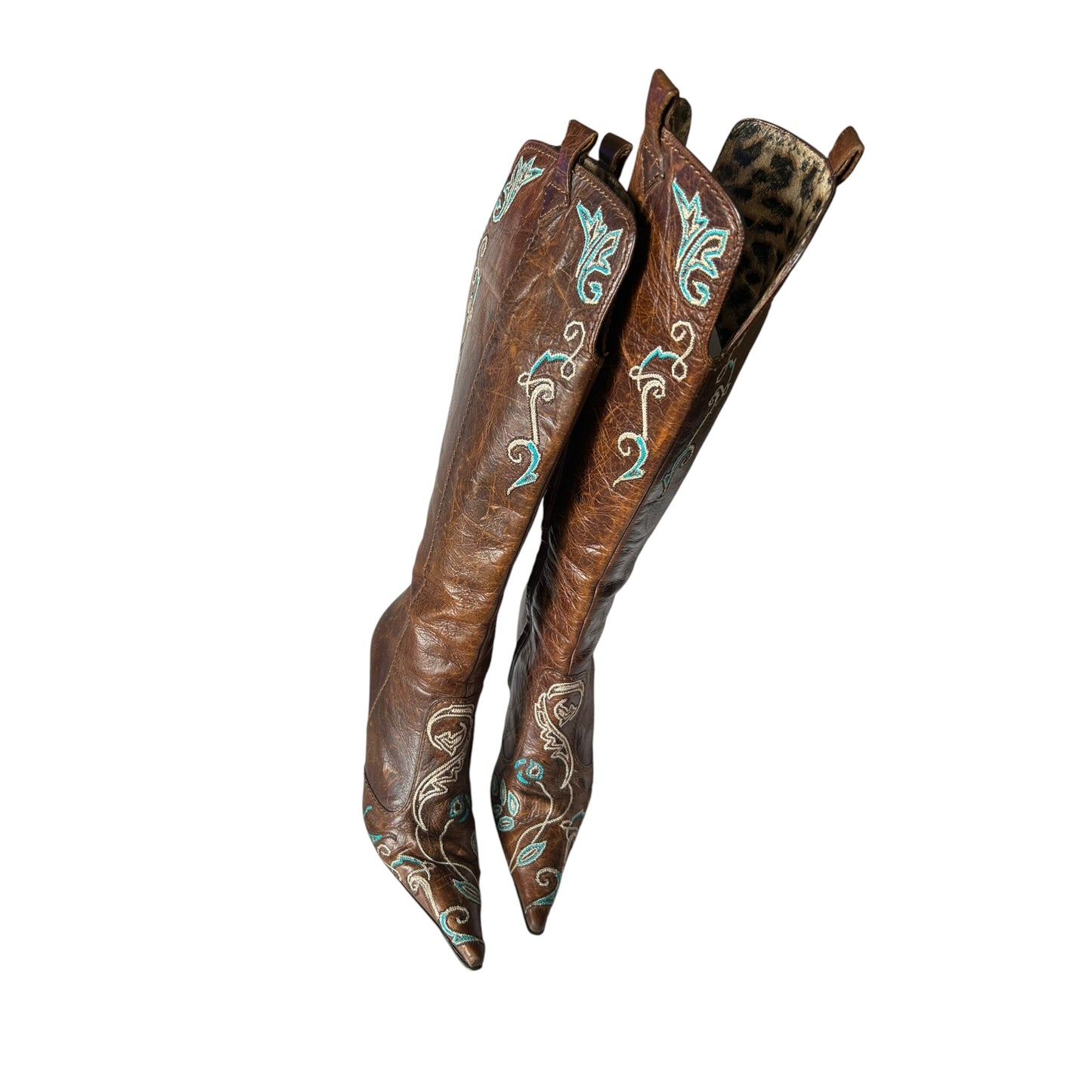 Vintage rare Cavalli cowboy floral embroidered brown leather knee boots / 37
