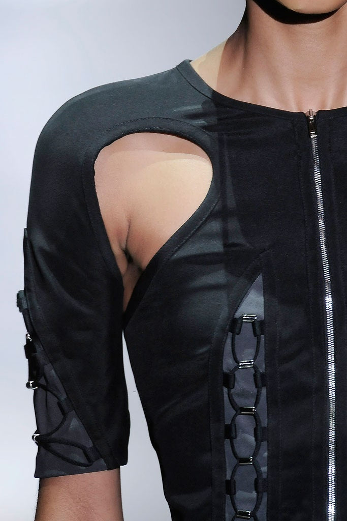 Gucci Spring/Summer 2010 by Frida Giannini
Black & Grey Silk-Blend Cut-Out Lace-Up Futuristic Mini Dress