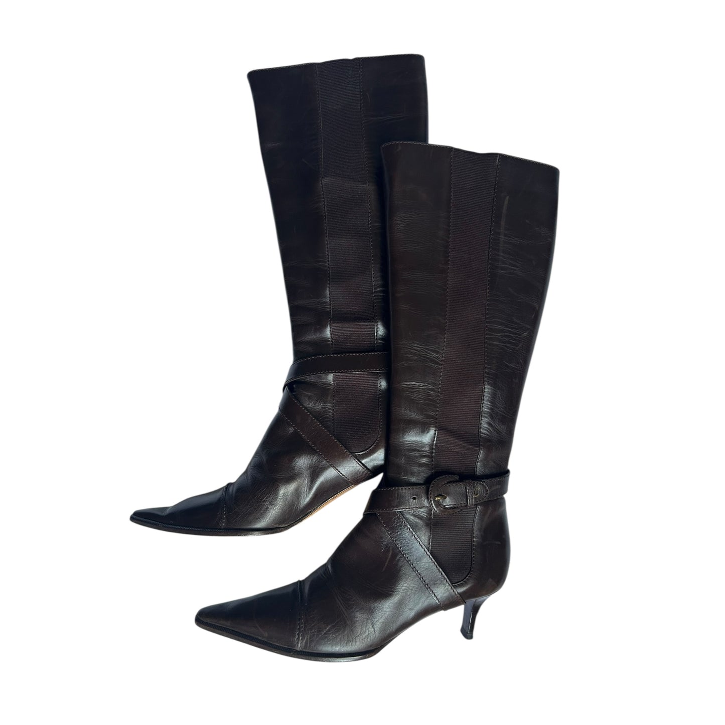 Vintage rare Chanel CC interlocking logo knee high brown leather pointy toe boots / 36.5