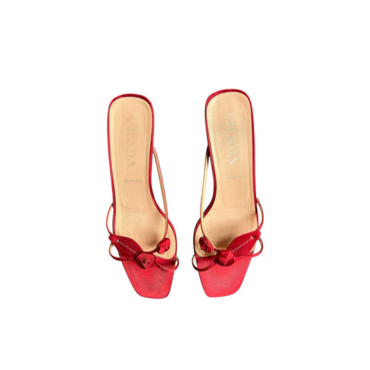 Vintage Prada red satin floral mule heels / 40