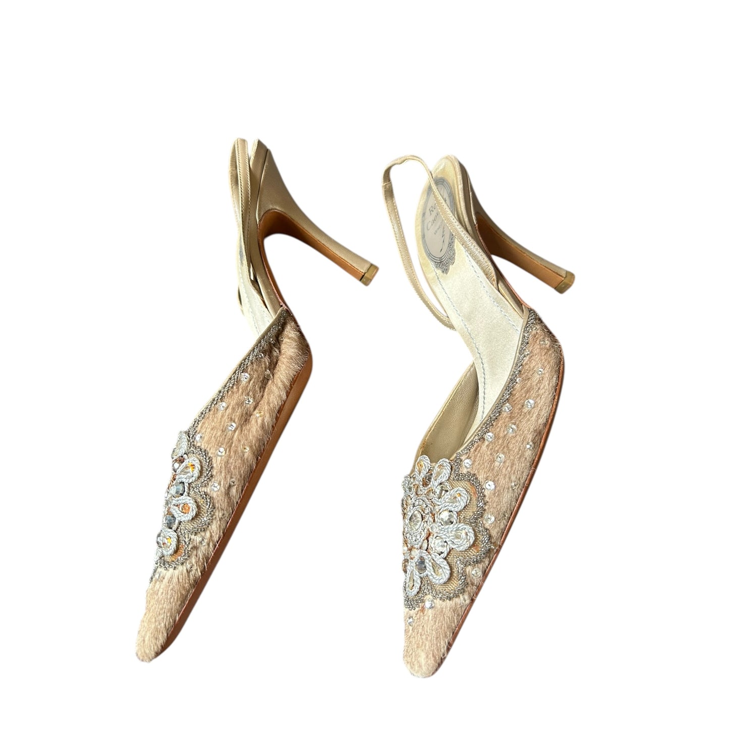 Vintage Rene Caovilla pony hair crystal embroidery rare slingback heels / 37.5