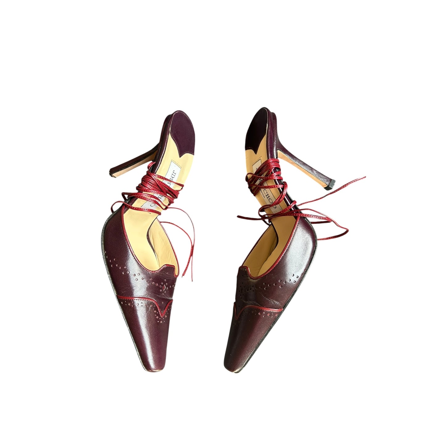 Vintage Jimmy Choo burgundy leather wrap around heels / 37.5