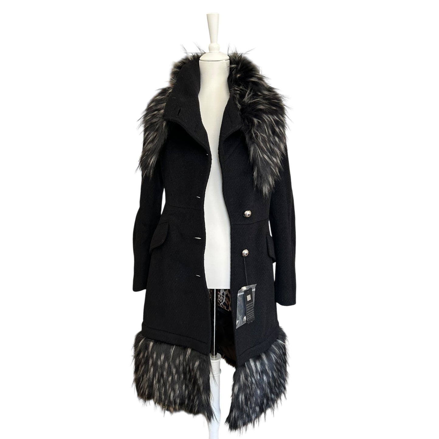 Roberto Cavalli wool black fur trim coat NWT