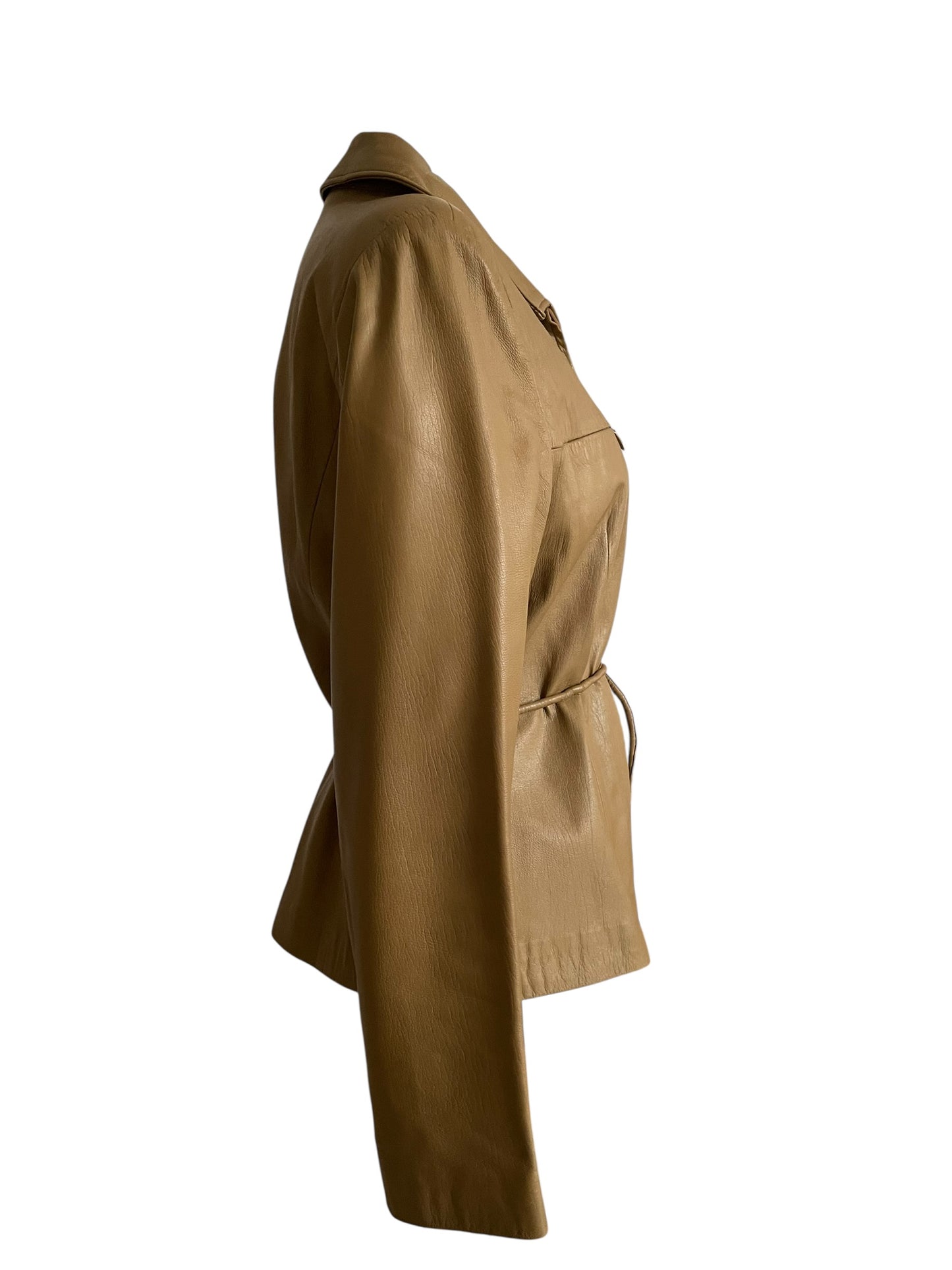 Vintage Camel Brown Genuine Leather Jacket with Belt – Women’s Fitted Zip Jacket