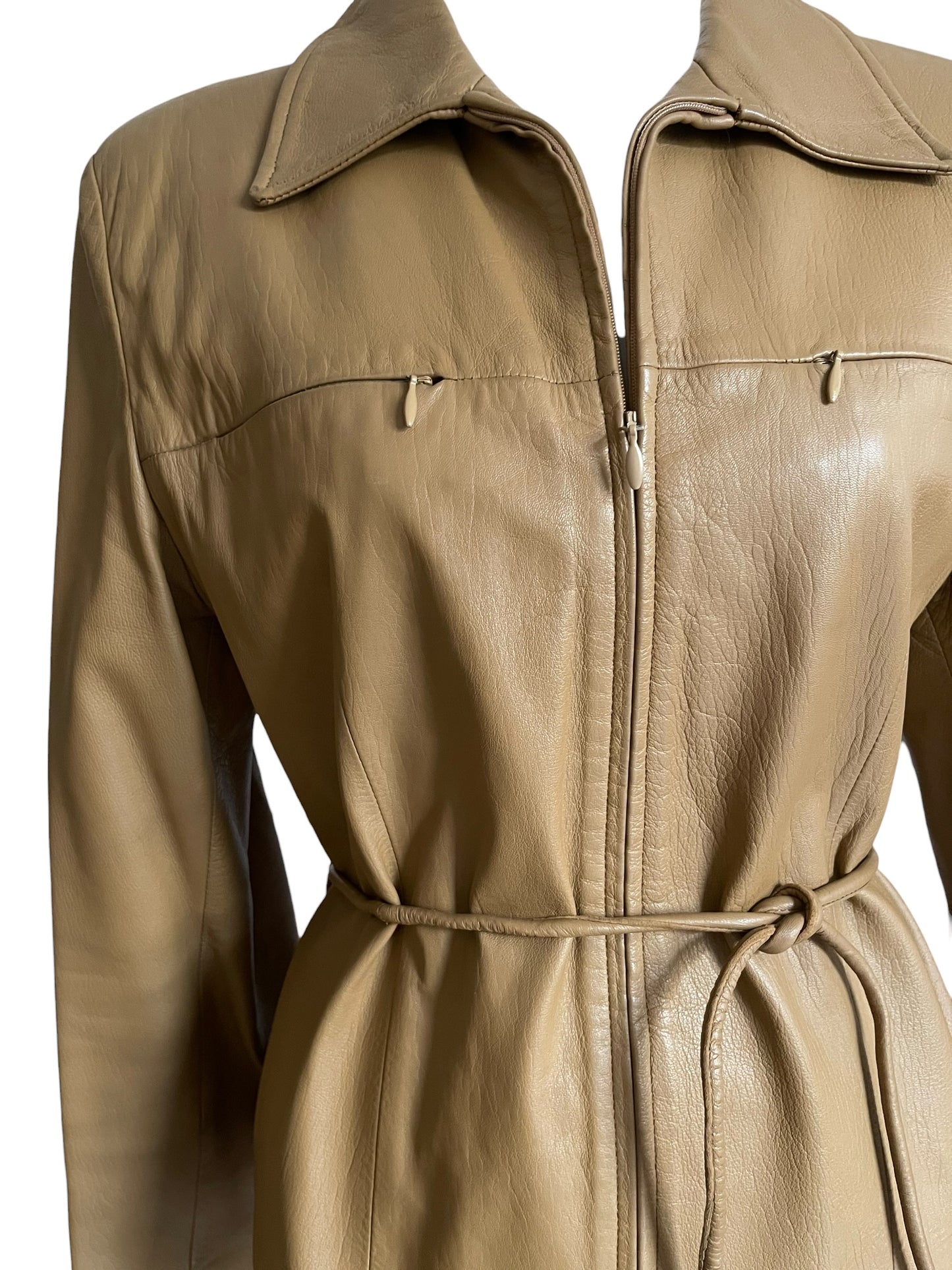 Vintage Camel Brown Genuine Leather Jacket with Belt – Women’s Fitted Zip Jacket