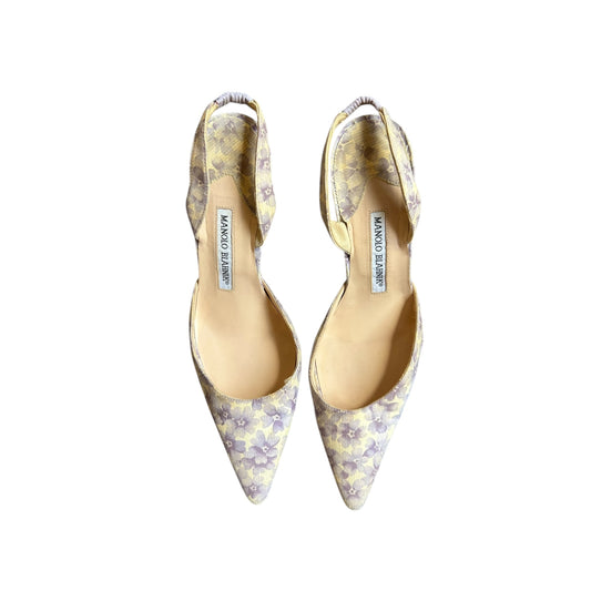 Vintage rare Manolo Blahnik purple floral canvas slingback heels / 37.5