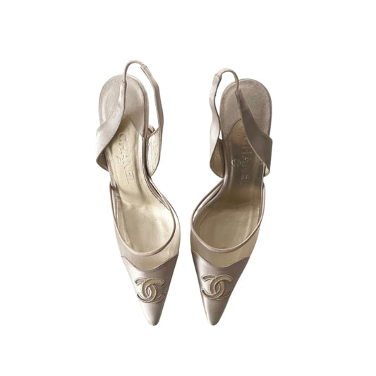 Vintage Chanel satin pearl CC logo slingback heels by Karl Lagerfeld/ 36