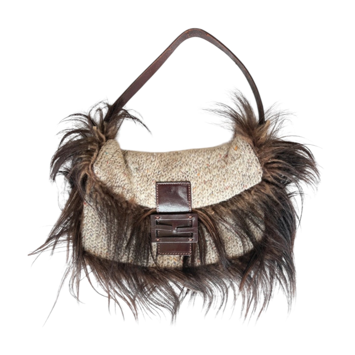 Fendi Baguette goat Fur Trim Wool Bag – Vintage Knit & Fur FF Logo Shoulder Bag