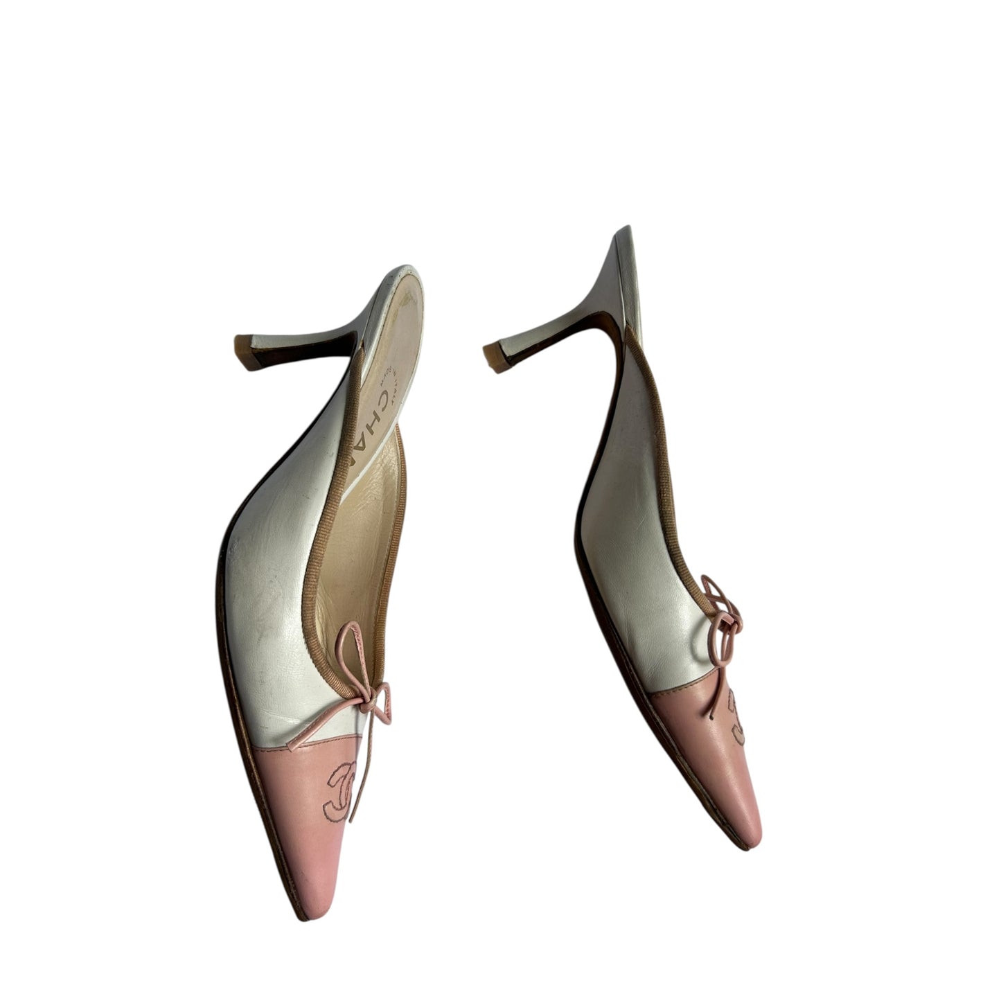 Vintage Chanel CC interlocking logo pink white mules by Karl Lagerfeld/ 35