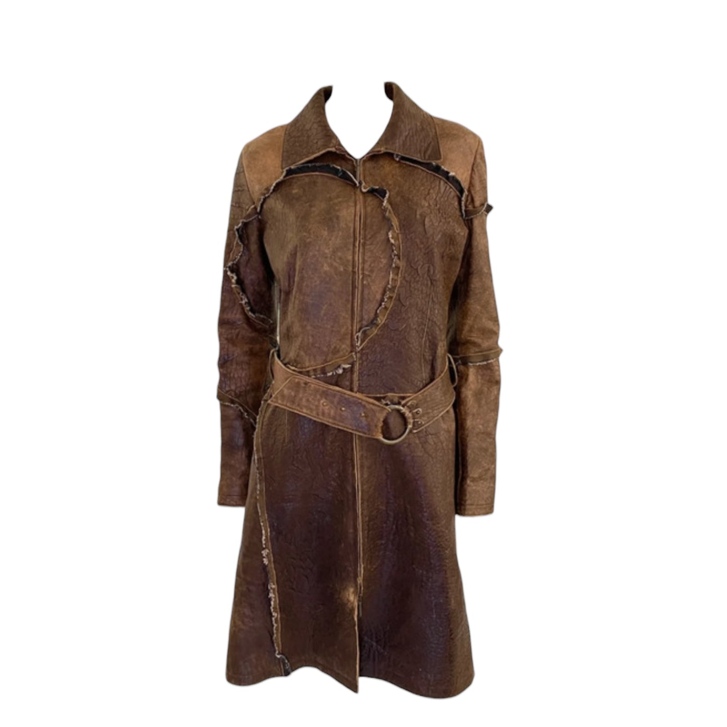 Vintage Cavalli AW05 brown leather asymmetrical distressed coat