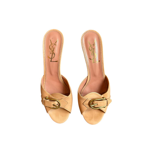 Vintage Yves Saint Laurent pink buckle mule heels / 38