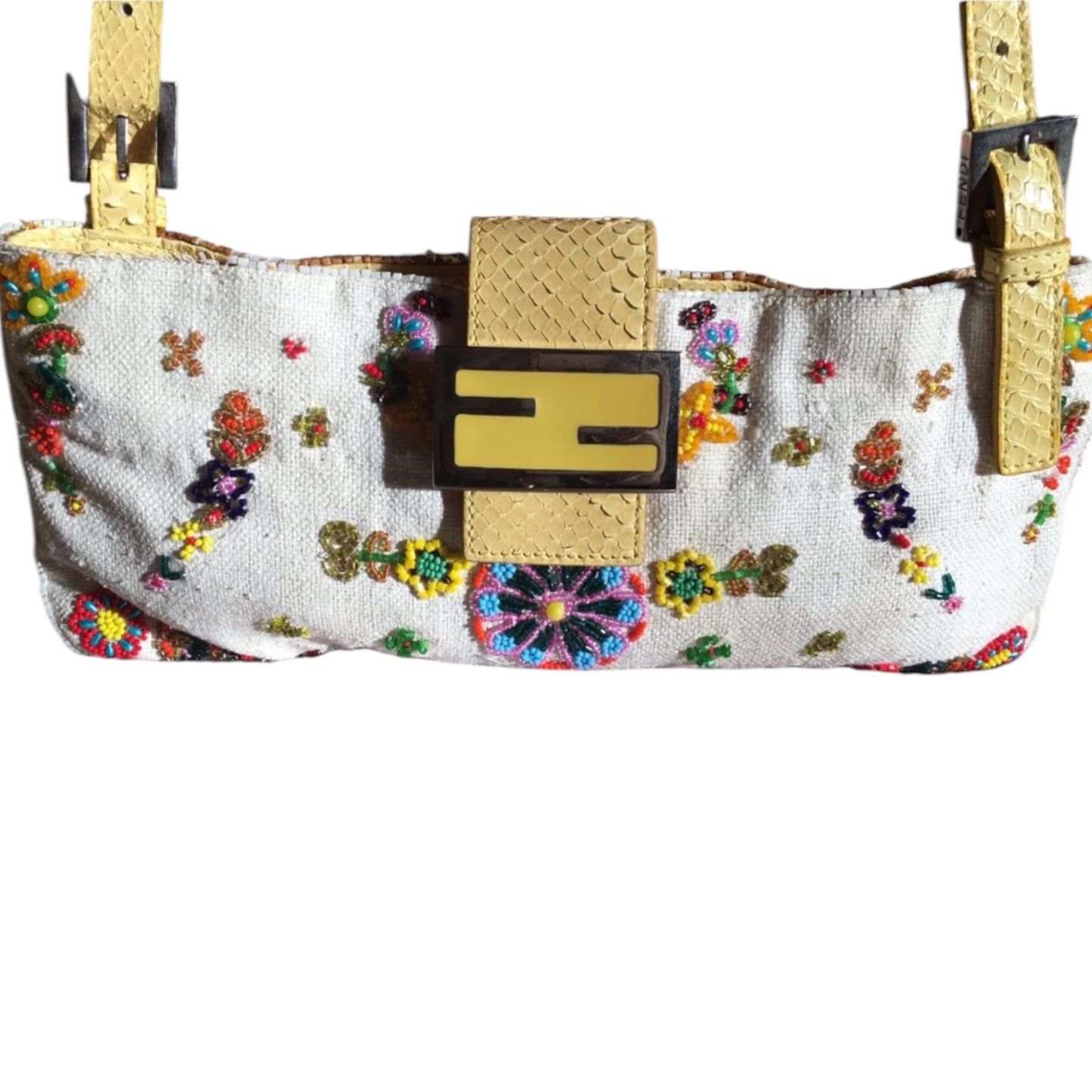 Fendi Baguette Floral Beaded Bag – Vintage Linen & Python Leather FF Logo Shoulder Bag